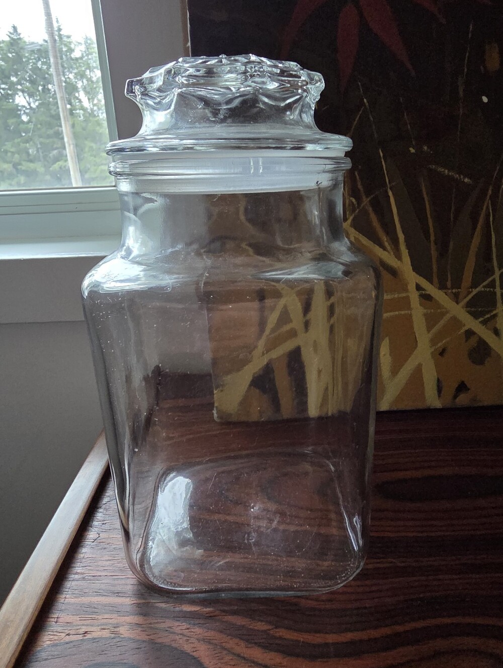 Large clear glass square storage jar with a decorative glass lid rubber seal